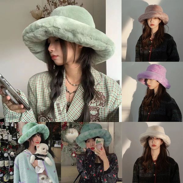 Chapeaux à large bord seau japonais en peluche chapeau moelleux femmes automne et hiver fourrure artificielle mode champignon nuages surdimensionnés 231027