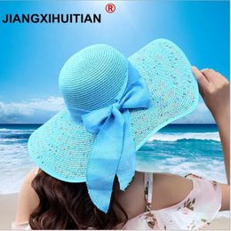 Sombreros de ala ancha Cubo jiangxihuitian Verano para mujer Sombreros de playa Gorras Plegables de gasa Floppy Sun Casual Ladies sombreros bowknot hat 230325