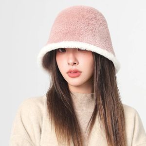 Chapeaux à large bord seau coréen fourrure de lapin couleur unie peluche moelleux chapeau de pêcheur hiver fausse laine tricotée casquettes de randonnée en plein air Panama Cap 231027