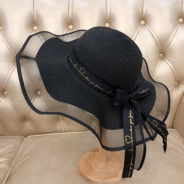 Large Brim Chapeaux Seau Style Coréen Femme Paille Gaze Joint Arc Ruban Grand Parasol Ins Célébrité Sortie Mode Plage Vacances Glacier Chapeau 230424