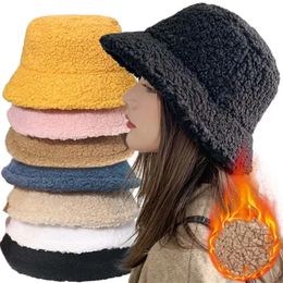 Ampla borda chapéus balde chapéu de lã de cordeiro inverno carta quente para mulheres senhora engrossar tampa plana cores sólidas panamá ao ar livre pescador bonés 231113