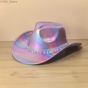 Wide Brim Hats Bucket Laser Rainbow Cowgirl Hat Hot Stampée Jazz Fedora Bright Hip Hop Party Rave Cowboy Y2K YQ240407