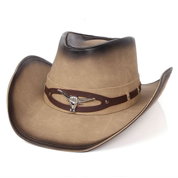 Large bord chapeaux seau cuir Western Cowboy chapeau hommes Gentleman parrain PU matériel Panama Jazz Sombrero para hombres 230907