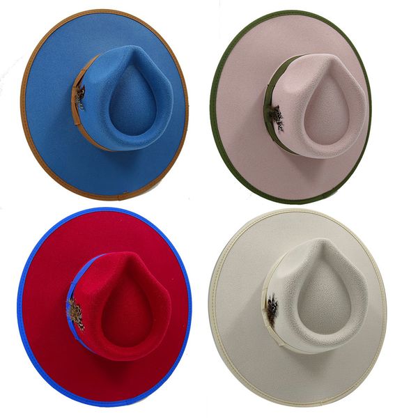 Nouvelle couleur contrastée à large bord en cachemire chapeau haut de forme accessoires de plumes chapeau en laine douce chapeau haut-de-forme britannique automne et hiver 231202