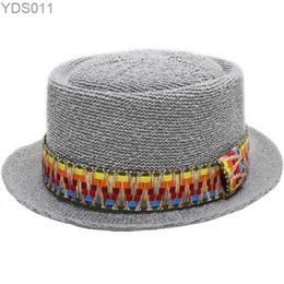 Bélans à bord large Bucket Luckylianji Porkpie Femmes Unisexe Polyester Round Hat Flat Sun Beach Jazz Pork Pie Vintage Woven Band (56-58 cm) YQ240403