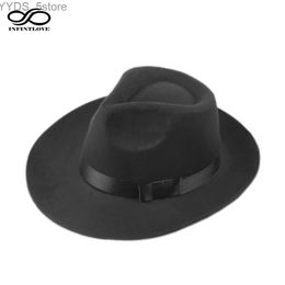 Bélans à bord large bucket luckylianji rétro pour hommes en laine dure du chapeau Fedora Trilby Panama Top noir (taille 58 cm) YQ240407