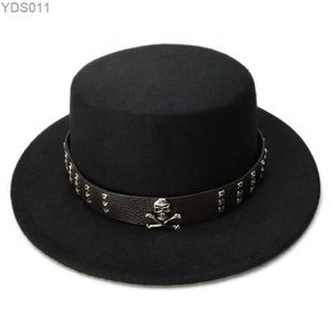 Brede rand hoeden emmer luckylianji dames vintage wol vilt top hoed varken pi bowling schedel kraal riem (57 cm/aanpassing) yq240403