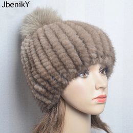 Chapeaux à large bord seau de luxe dame véritable chapeau de fourrure de vison Pom Poms épais casquette chaude femmes hiver bonnets tricotés 231128