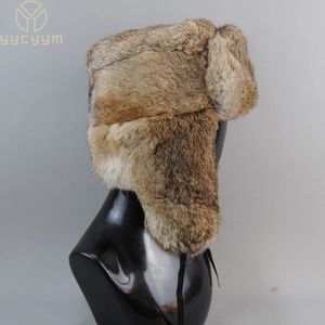 Chapeaux à large bord seau casquettes pour hommes chaud chapeau de bombardier en fourrure de lapin naturel avec oreillettes hiver unisexe russe Ushanka réel 231128