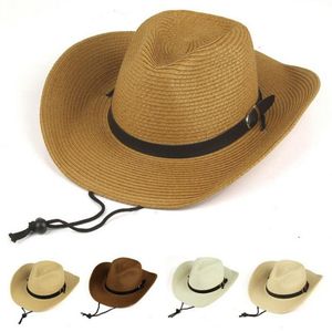 Chapeaux à large bord seau hommes été Cowboy tricot chapeau de paille mode grand décontracté plage soleil crème solaire bloc Protection UV cuir ceinture boucle casquette W1 230421