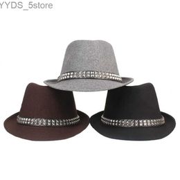 Wide Brim Hats Bucket Mens and Womens Short Wool Blend Fedoras with Rivet Band Springs Mens Felt Jazz Trilby Gentlemens Hat Outdoor Suncreen YQ240407