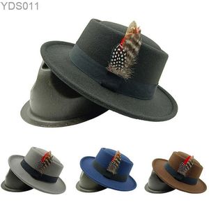 Wide Brim Hats Bucket Mens Fedoras Jazz Hat Porkpie Feather Flat Top Business Vintage Hiver Panamanian Fashion Sombrero Hombre Chapeu Masculino YQ240403