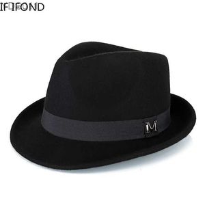 Brede rand hoeden emmer heren winter dik warm vilt fedora hoed wol gentleman jazz homburg klassieker smalle top yq240403