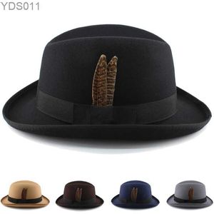Brede rand hoeden emmer heren wollen blend klassieke vintage homburg hoed veerband fedora trilby sunhat jazz winter warm verstelbare maat m-l yq240403