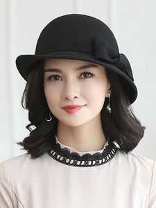 Large Brim Chapeaux Seau Mère Cadeau Femmes Hiver 100 Laine Feutre Cloche Dame Élégant Upturn Bowknot Fedora Chapeau 230825