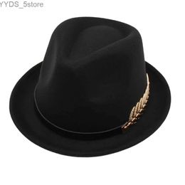 Brede rand hoeden emmer nieuwe legering vissen botband decoratie fedora hat dames casual krullende trilby herfst groothandel heren top jazzwol vilt yq240407