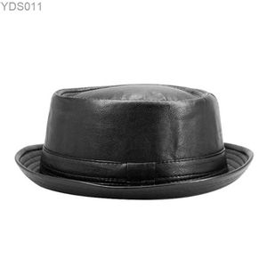 Brede rand emmer nieuwe modeheren zwart lederen trilby hoed fedora vintage dames herfst merk varkens jazz yq240403