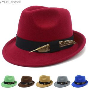 Cubo de sombreros de ala ancho nuevos sombreros de vía fedora lana de mezclilla trilby cinturones meteorológicos cortos secos de pelo para mujer fieltro YQ240407