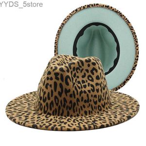 Wide Brim Hats Bucket New Leopard Patch Work Wool Jazz Fedora Hat Womens Unisexe Panama Party Trilby Cowboy Mens Gentleman Wedding YQ240407