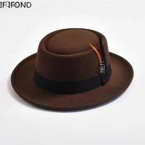 Brede rand emmer nieuwe retro varkensvlees taart hoed heren krullend haar vilt fedora veer gentleman kerk trilby jazz yq240403