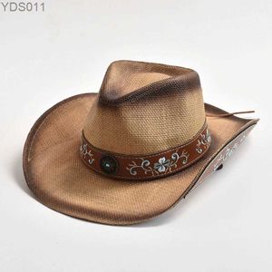 Large bord chapeaux seau nouveau tissage Str chapeau Western Cowboy printemps été Vintage Panama soleil élégant Cowgirl Jazz Cap Sombrero Hombre 240319