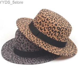 Brede rand hoeden emmer nieuwe dames luipaardpatroon wol vilt hoed flat top fedora retro formeel feest trilby yq240407