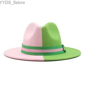 Brede rand hoeden emmer patchwork fedora hoed kleurrijke tweekleurige unisex heren Panama groen roze Britse stijl Trilby Party Official YQ240407