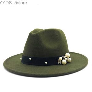 Wide Brim Hats Bucket Pearl Fedora Mens Vintage Jazz Hat Fashion Star Wool Belt Unisexe Black Bowling Ball Trilby Chapeu YQ240407