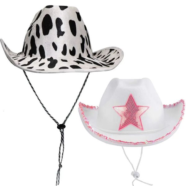 Chapeaux larges chapeaux seau rose étoile blanc chapeau de cow-girl paillettes garniture frange vache fille réglable cowboy cou dessiner chaîne costume fête jouer habiller 231101