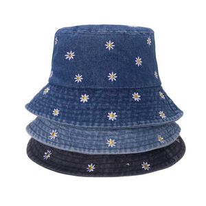Brede rand hoeden emmer populair daisy geborduurde katoenen zomerjeans hoed dames lente visser buitenreizen zonsondergang cadeau Q240427