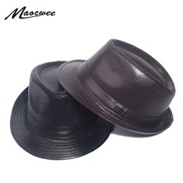 Sombreros de ala ancha Cubo PU Cuero Fedora Vintage Jazz Cap Cowboy Gentleman Bowler Short Floppy Trilby Panamá Sombrero Hip Hop Negro Hombres Mujeres 231114