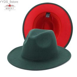 Brede rand hoeden emmer Qbhat turquoise groene fedora wol vilt hoed dames luipaard feest Trilby jazz kerk panama patch werk rood yq240407