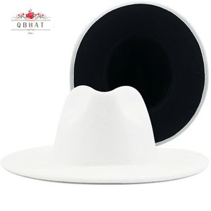 Chapeaux à large bord seau QBHAT Blanc Noir Patchwork Femmes Unisexe Panama Laine Feutre Fedora Dames Parti Trilby Cowboy Cap Mode Jazz Chapeau 230801