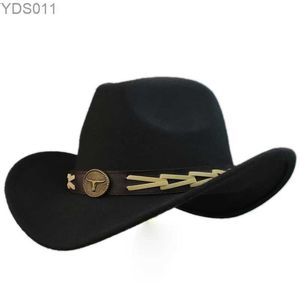 Large Brim Chapeaux Seau Rétro Tête De Vache Ceinture En Cuir Bande Femmes Hommes / Enfant Laine Chaud Cowboy Western Chapeau Cowgirl Cap (54-57-61cm 240319