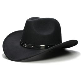 Large bord chapeaux seau rétro géométrie bande de cuir parent-enfant unisexe enfant laine cowboy western chapeau cowgirl melon casquette 61cm57cm54cm 230907