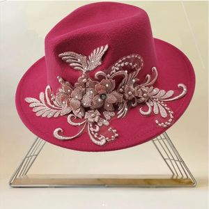 Chapeaux à large bord seau Rose chapeau fleur Fedora pour femmes français élégant mariage coloré mode correspondant église feutre en gros 230608