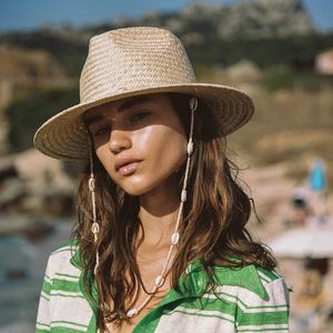 Chapeaux à large bord seau coquillages plage perlée avec chaîne pour femmes mode paille tissé Fedora soleil été vacances Panama chapeau 230306