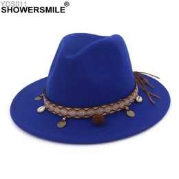 Brede rand hoeden emmer Showersmile blauw vilt Fedoras dames hoed wol trilby vrije tijd etnische stijl etnische stijl varkenspaart yq240403