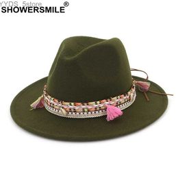 Brede rand hoeden emmer Showersmile dames gevoeld fedora wol leger groene varkensvlees pie hoed vintage herfst klassieke driehoek yq240407