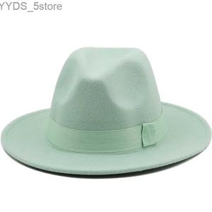 Brede rand hoeden emmer eenvoudige 7cm dames fedora hoed met bijen lint herfst winter trouwfeest Trilby Mens Gentleman Jazz YQ240407