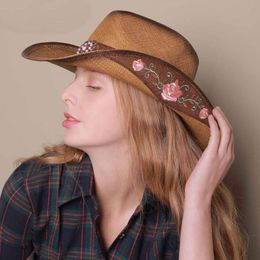 Large Brim Chapeaux Seau Paille Tissage Broderie Floral Pirate pour Femmes Hommes Respirant Cowboy avec Western Jazz Casual 230214