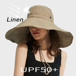 Sombreros de ala ancha Cubo Verano 18 cm Lino Sol para mujer Protección Uv UPF 50 Sombrilla Sombrero plegable Paseo en la playa Panamá 230620
