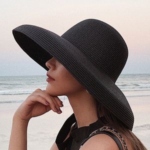 Sombreros de ala ancha Bucket Summer Lady Sombrero de paja plisado Mujeres Hepburn Style Casual Sun Large Floppy Cap Holiday Beach Casquette Gorros 230713