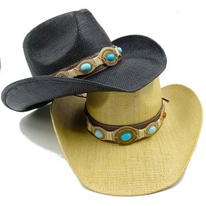 Brede rand hoeden emmer turquoise accessoires cowboy vintage straw heren heren dames jazz met zon zomer 230421