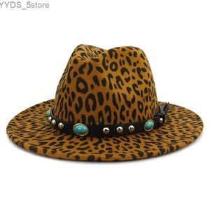 Brede rand hoeden emmer unisex gewoon vilt jazz fedora hoed heren luipaard print lederen band decoratie trilby panama officieel 2024 nieuwe yq240407