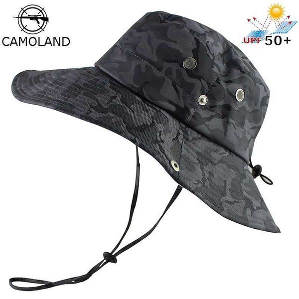 Hates de ala ancho cubo upf 50+sombrero de cubo hombre Bob Boonie Summer UV Protection CAMO SHIHING TACTICAL TACTICAL AUTOURO SOL Q240403