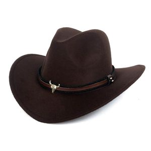 Chapeaux larges chapeaux seau ouest cowboy chapeau mode imitation laine feutre métal tête de taureau décoration sombrero western hommes femmes casquette noir marron 230830