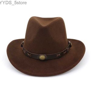 Brede rand hoeden emmer westerse cowboy fedora hoed lederen band mannen Panamaniaanse vrouwen voelden brede trilby gentleman jazz dames feest chapeu yq240407