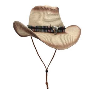 Chapeaux à bord large godet western cowboy chapeau tibétan style top dames roll cowgirl cap jazz ouvert paille taure