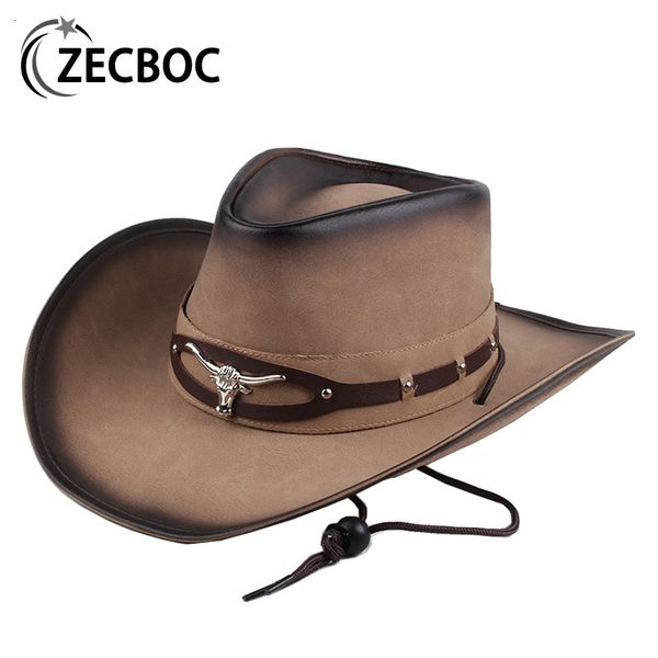 Chapeaux à large bord seau Western Cowboy hommes avec corde Fedora métal tête de taureau décoration en cuir véritable Jazz équitation pour 230421